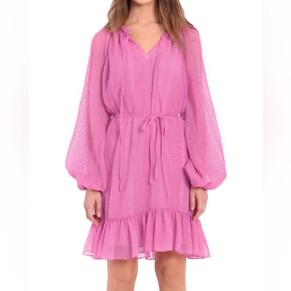 Donna Morgan Pink Long Sleeve Split Neck Drawstring Waist Dress